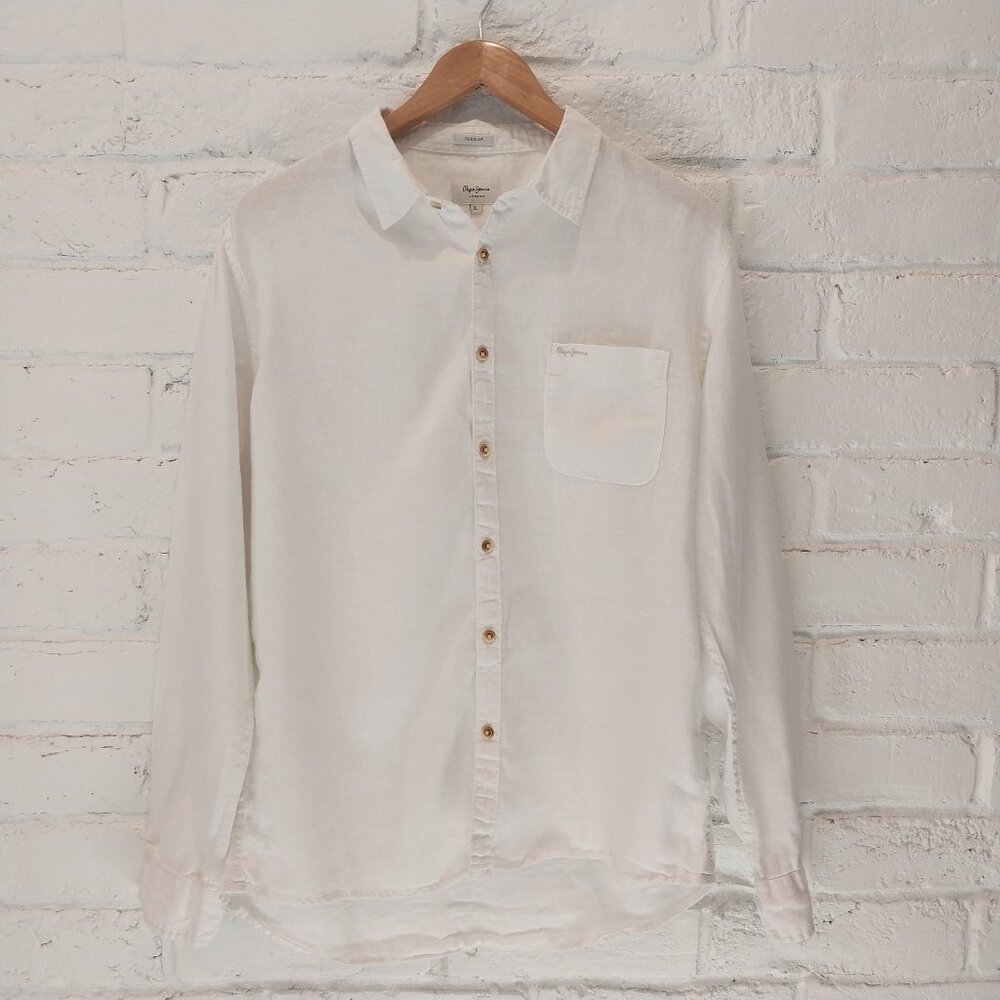 Pepe Jeans London Button Up Shirt Mens XL White 100% Linen Regular Long Sleeve.